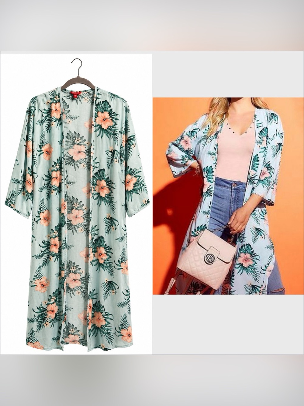 GUESS Floral Kimono S/M Mint Green Peach Hibiscus Lightweight Boho Duster